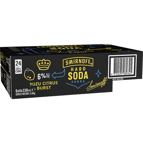Smirnoff Hard Soda Yuzu Citrus Burst 6% Cans 330mL x 24 Pack