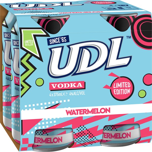 UDL Vodka Watermelon Cans 375mL x 4 pack