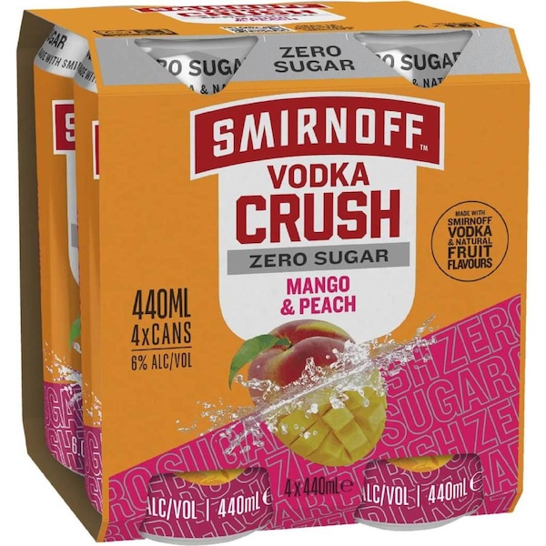 Smirnoff Crush Mango Peach Zero Sugar Cans 440mL x 4 pack