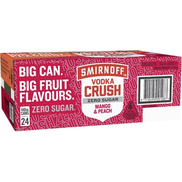 Smirnoff Crush Mango Peach Zero Sugar Cans 440mL x 24 pack
