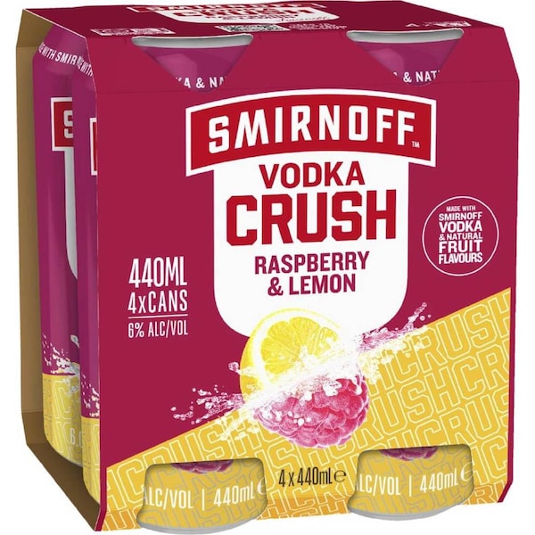 Smirnoff Crush Raspberry & Lemon Cans 440mL x 4 pack