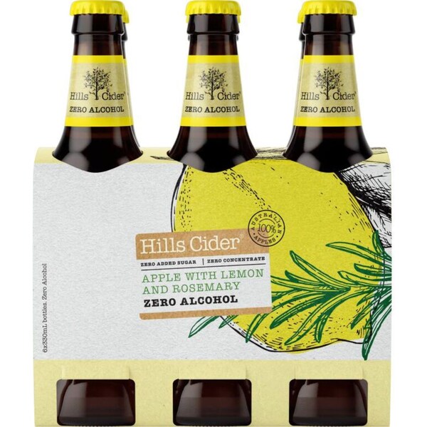 Hills Zero Alcohol Cider Apple With Lemon & Rosemary Bottles 330mL x 6 pack