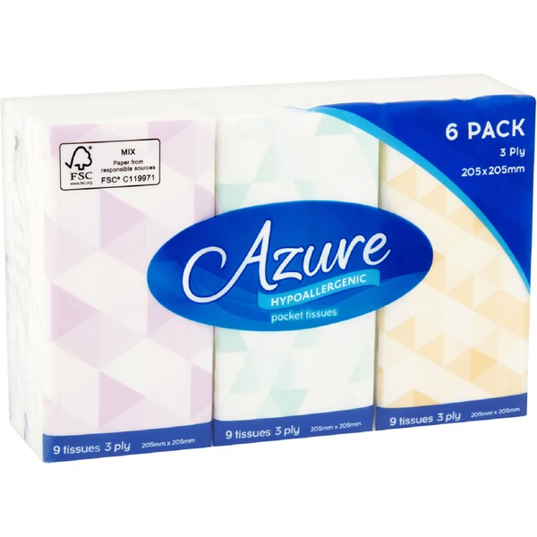 Azure Hypo Allergenic Facial Pocket Tissues 6 Pack