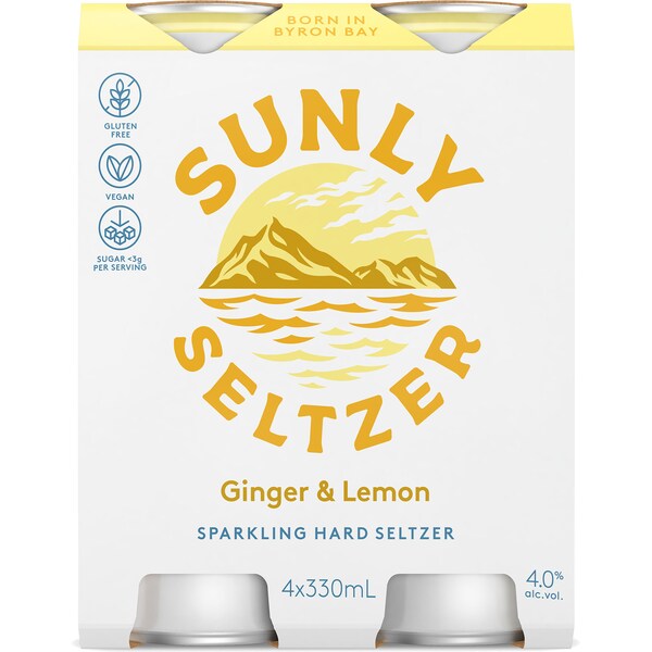 Sunly Seltzer Sparkling Ginger & Lemon Cans 330mlx 4 Pack
