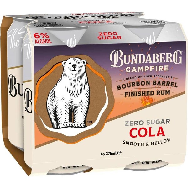 Bundaberg Campfire Rum & Zero Sugar Cola Cans 375mL x 4 pack