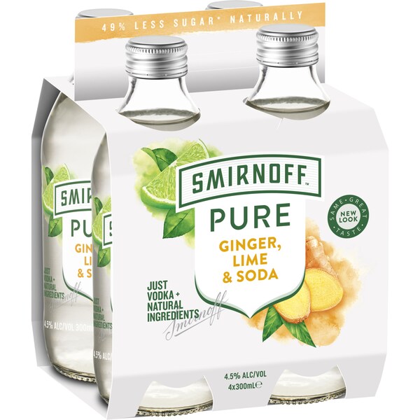 Smirnoff Pure Ginger, Lime & Soda Bottles 300mL x 4 pack