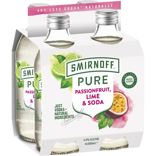 Smirnoff Pure Passionfruit Lime & Soda Bottles 300mL x 4 pack