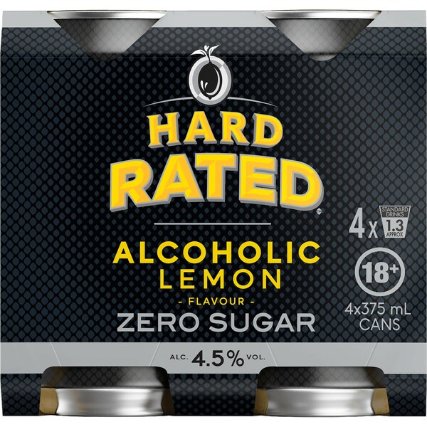 Hard Rated Vodka Lemon, Zero Sugar Can 375mL x 4 Pack