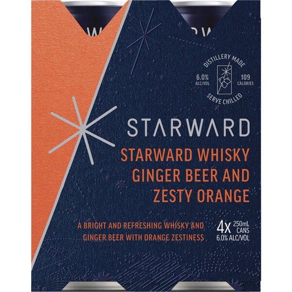 Starward Whiskey Ginger Beer & Orange Cans 250ml x 4 Pack