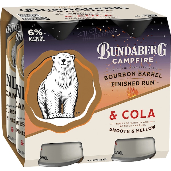 Bundaberg Campfire Bourbon Barrel Rum Can 375mL x 4 pack