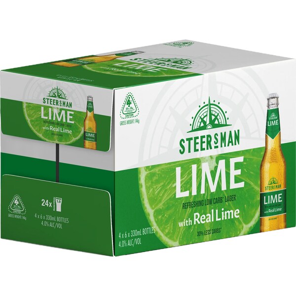 Steersman Lime Lager Bottle 330mL x 24 Case