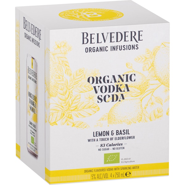 Belvedere Organic Infusions Lemon & Basil Vodka & Soda 250ml x 4 Pack