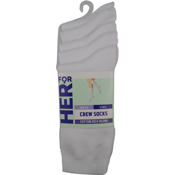 For Her Crew Socks White Size 5-8 5 Pack