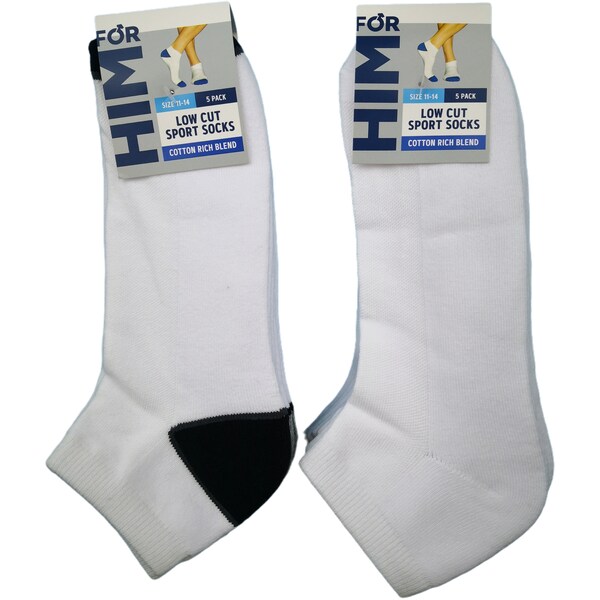 For Him Low Cut Sport Socks White Size 11-14 5 pack