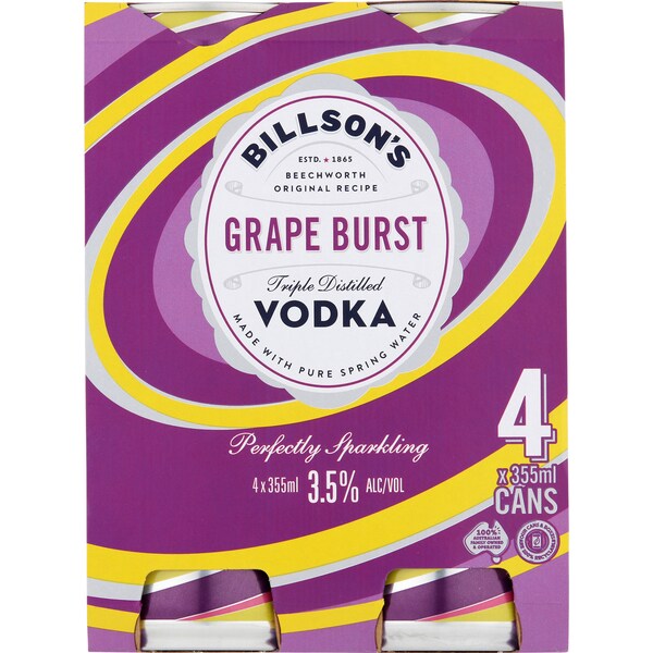 Billson's Vodka Grape Bubblegum Can 355mL x 4 Pack