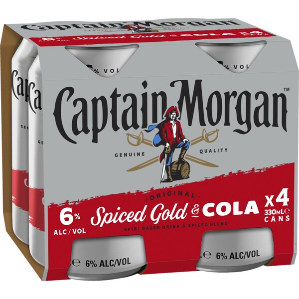 Captain Morgan Original Spiced Gold Rum &Cola Cans 330mL x 4 Pack