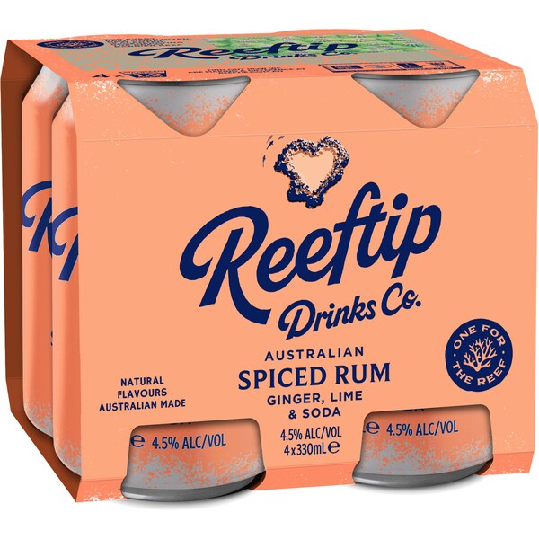 Reeftip Drinks Co Spiced Rum Ginger Lime & Soda Can 330mL x 4 pack