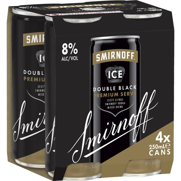 Smirnoff Ice Double Black Premium Serve Mixed Drink Cans 250ml x 4 Pack