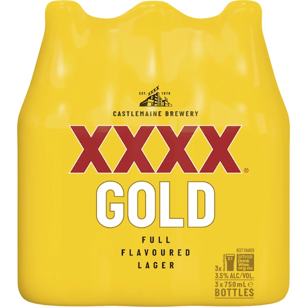 XXXX Gold Mid Strength Lager Beer Bottles 750mL x 3 pack