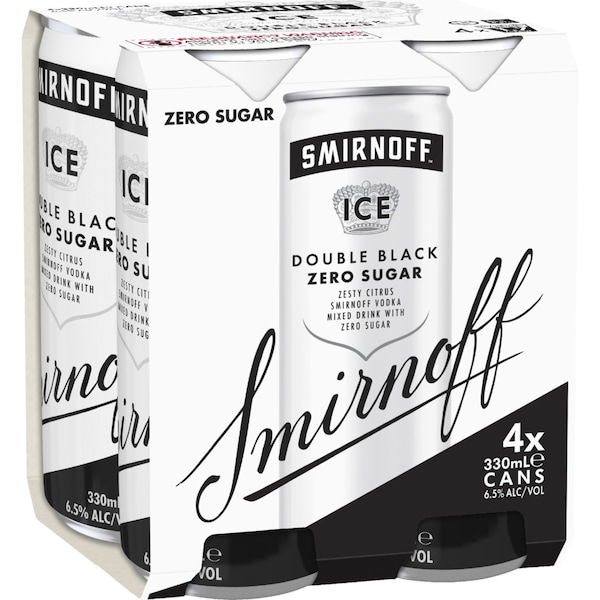 Smirnoff Ice Double Black Zero Cans 330mL x 4 Pack