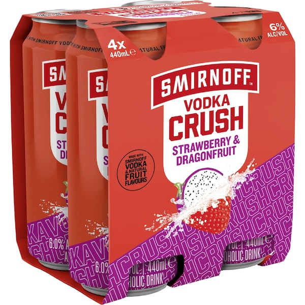 Smirnoff Crush Strawberry & Dragonfruit Cans 440mL x 4 pack