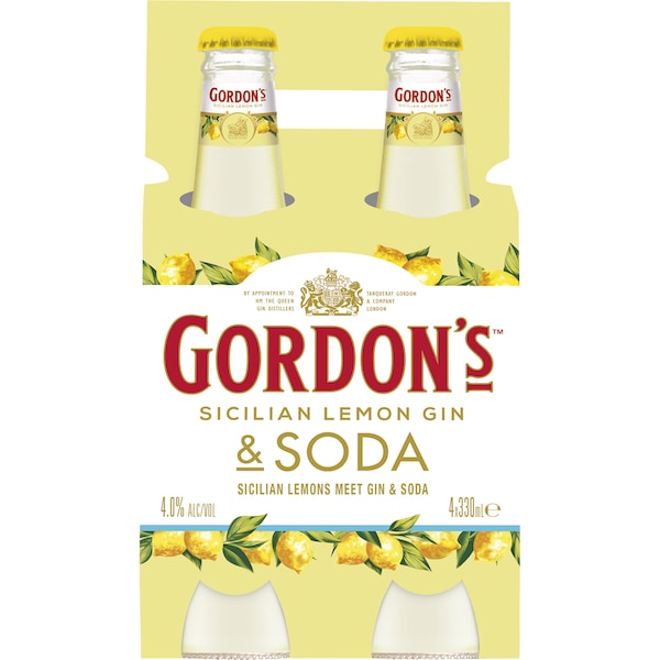 Gordon's Sicilian Lemon Gin & Soda Bottles 330mL x 4 pack