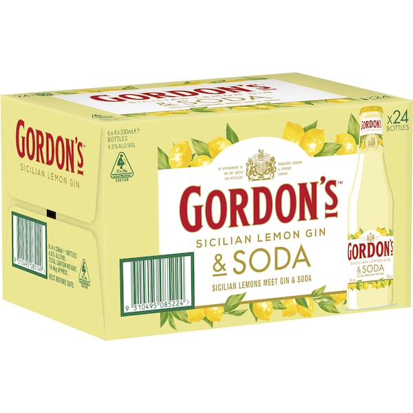 Gordon's Sicilian Lemon Gin & Soda Bottles 330mL x 24 case