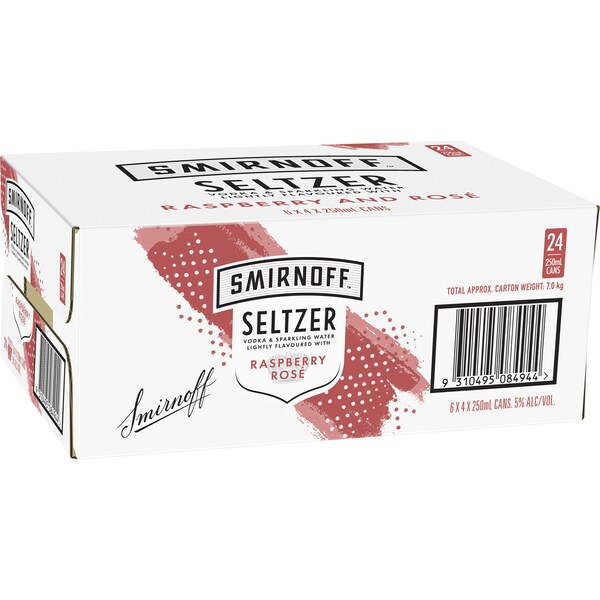 Smirnoff Seltzer Raspberry & Rose Cans 250mL x 24 case