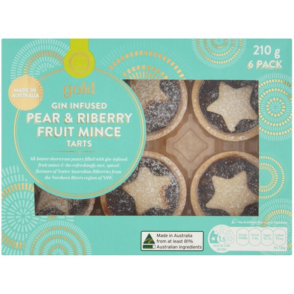 Woolworths Gold Gin Infused Pear & Riberry Fruit Mince Tarts 6 Pack