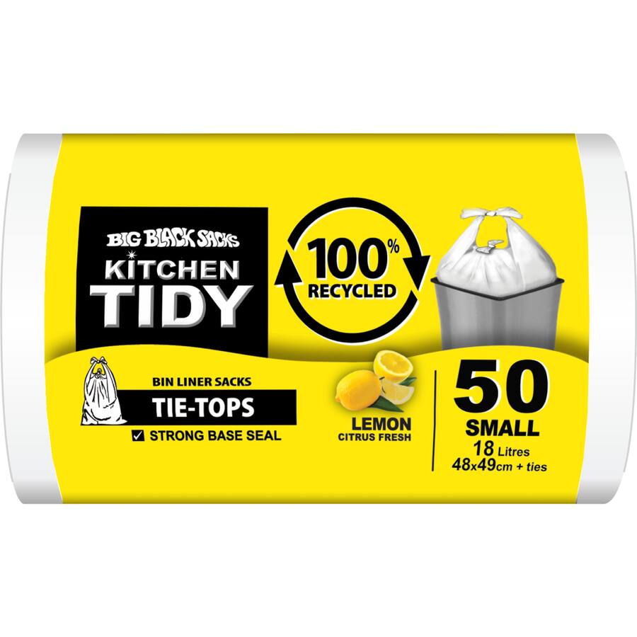 Big Black Sacks Kitchen Tidy Liners 100% Recycled Lemon White Smll