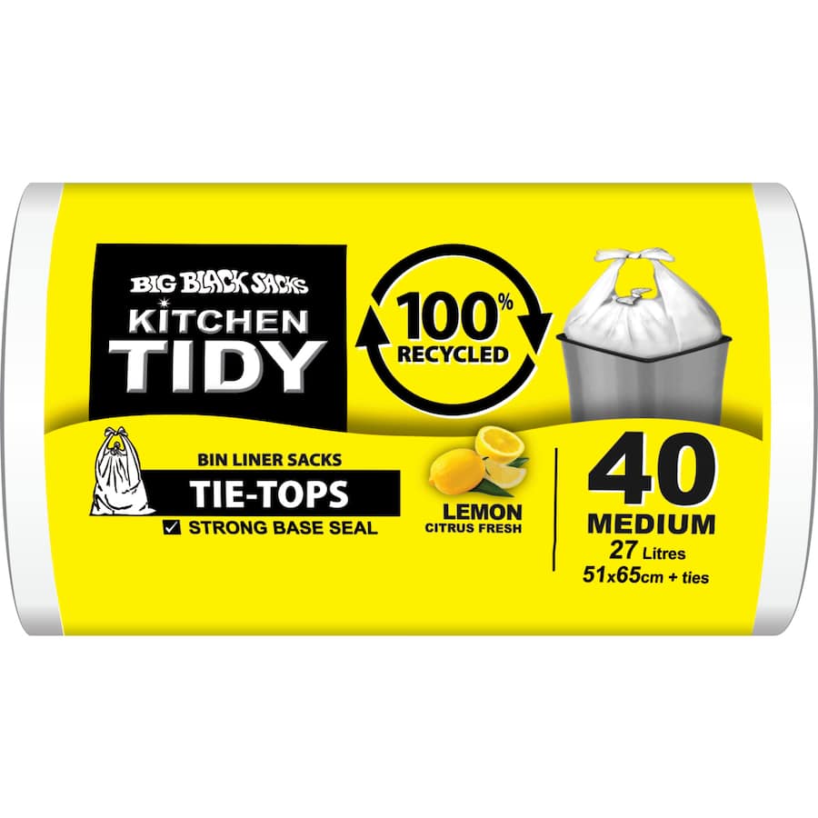 Big Black Sacks Kitchen Tidy Liners 100% Recycled Lemon White Med