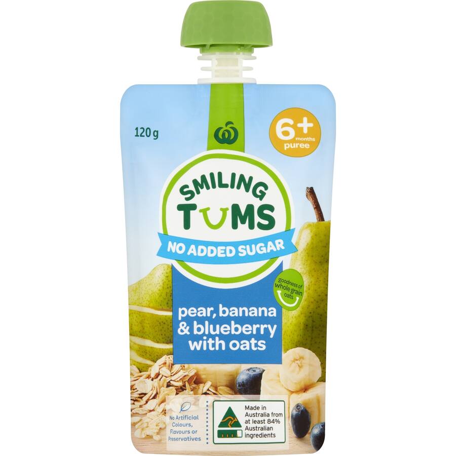 Woolworths Smiling Tums Baby Food 6+ Months Pear, Banana & Blueberry