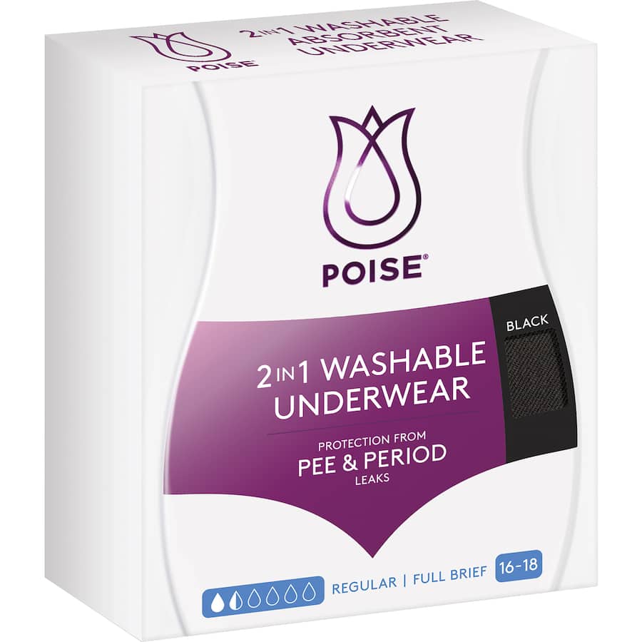 Poise Incontinence Underwear 2-In-1 Black Size 16-18