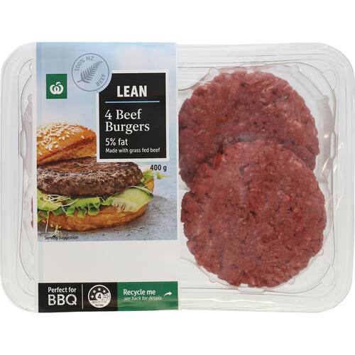 Woolworths Lean Beef Burgers 400g bunch