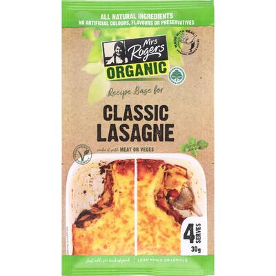 mrs rogers organic recipe base lasagne