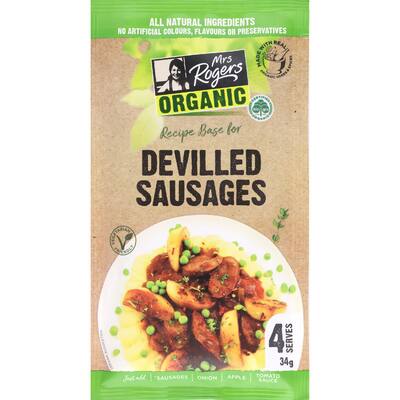 mrs rogers organic recipe base devilled sausages