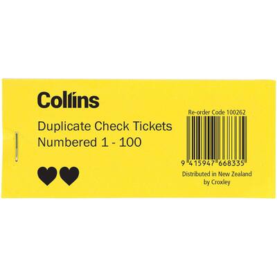 collins ticket book duplicate check tickets 1-100