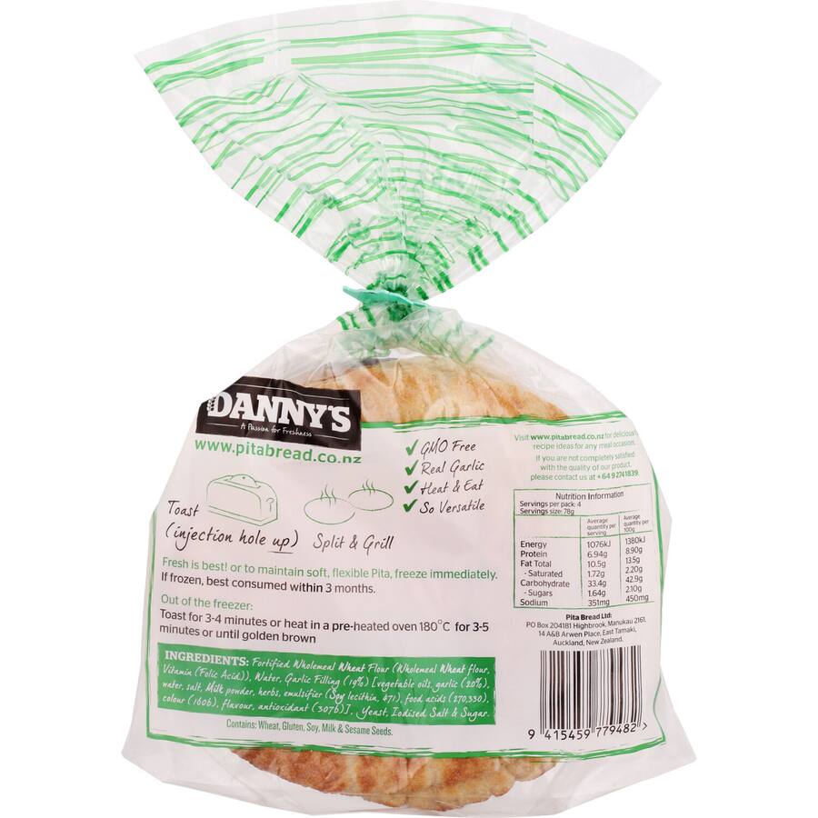 Dannys Real Pita Bread Wholemeal Garlic