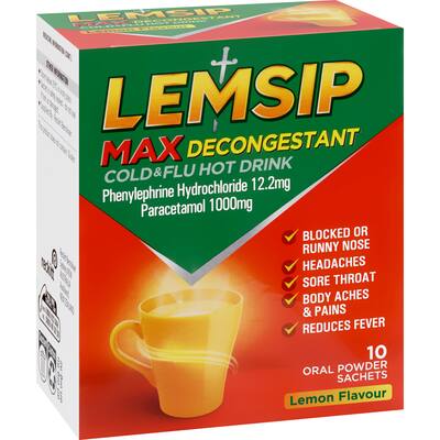 lemsip max cold & flu with decongestant lemon hot drink