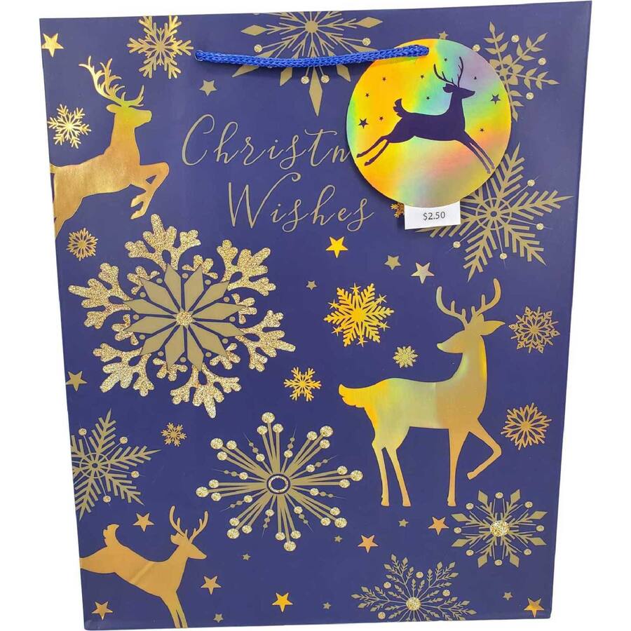 Woolworths Christmas Gift Bag Large Navy - Reindeer & Snow
