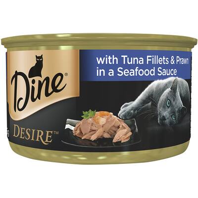 dine desire wet cat food tuna, prawns in seafood sauce