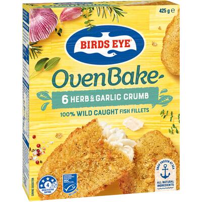 birds eye oven bake fish fillets herb & garlic crumb 425g