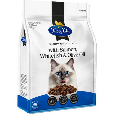fussy cat grain free dry cat food salmon, fish oil