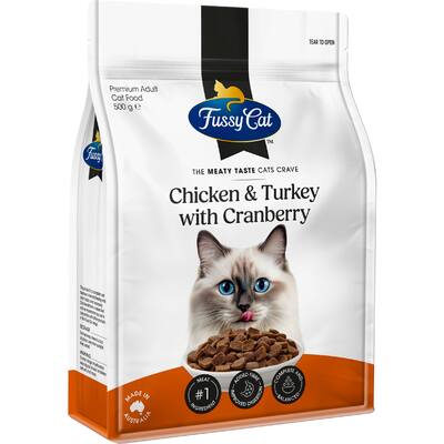 fussy cat grain free dry cat food chicken, turkey, cranberry