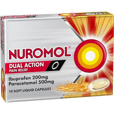 nuromol dual action ibuprofen & paracetamol pain relief liquid capsules