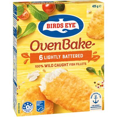 birds eye oven bake fish fillets lightly battered 425g