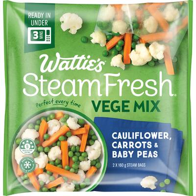Steam fresh frozen mixed vegetables cauliflower, carrot, baby peas