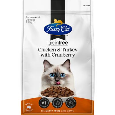 fussy cat grain free dry cat food chicken, turkey, cranberry