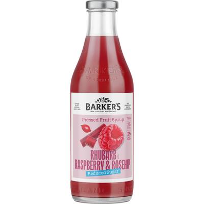 barker's fruit syrup lite rhubarb & rasp, rosehip