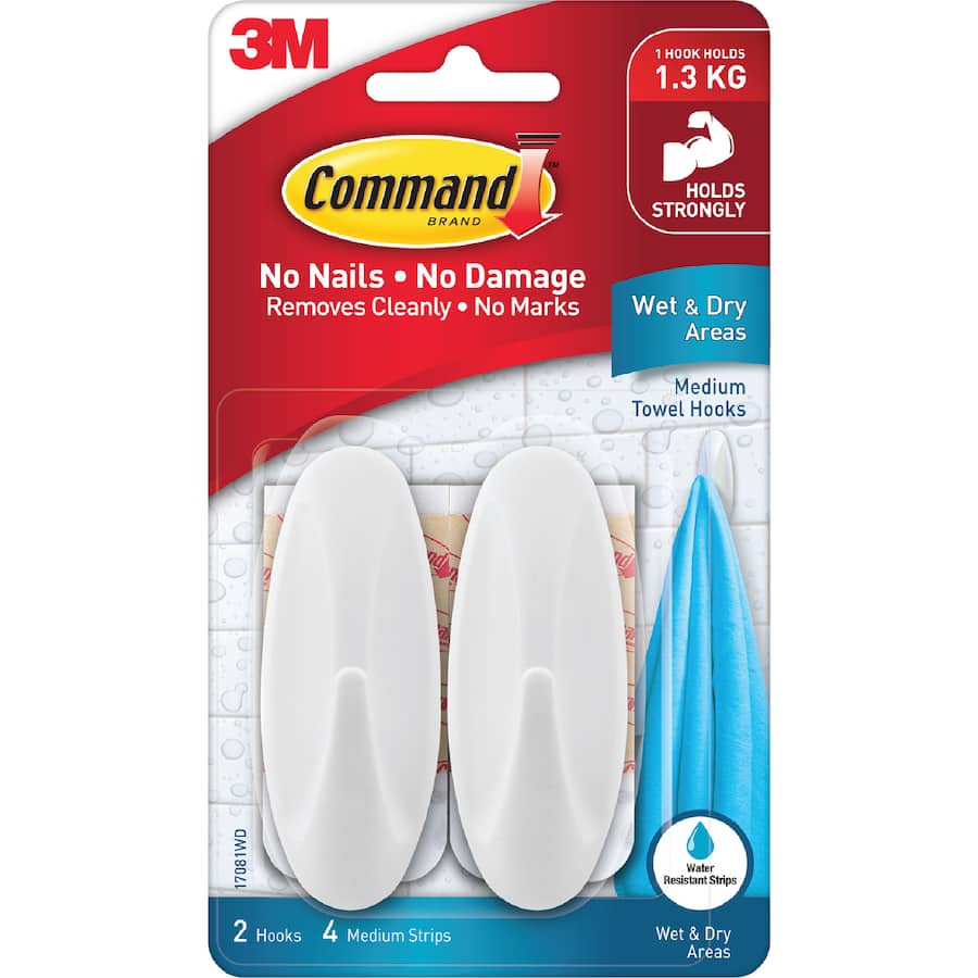 3M Command Adhesive Towel Hooks Wet & Dry Medium